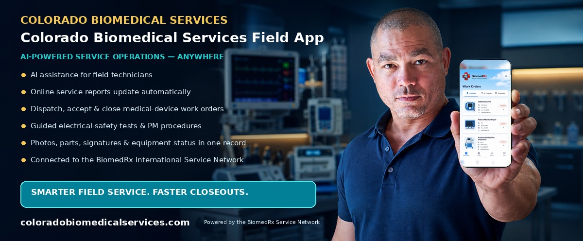 Colorado Biomedical Field — AI-powered field-service mobile app; automatic online service reports, work-order dispatch, and closeout