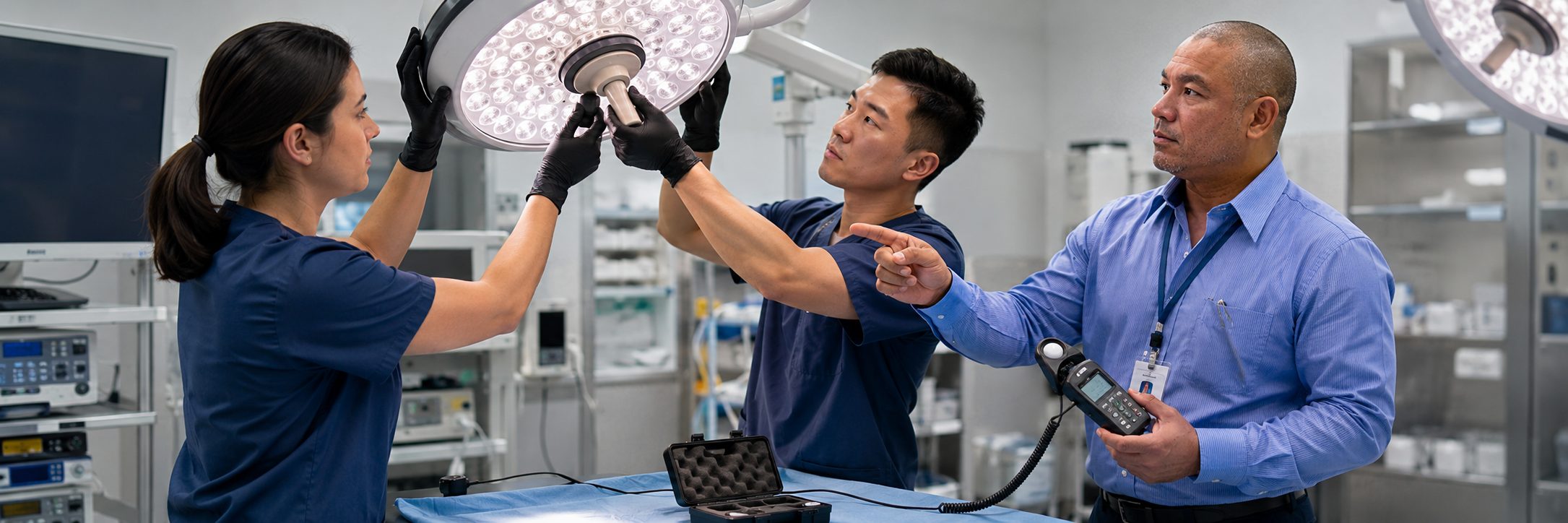 Biomedical technicians performing infusion pump preventive maintenance in an infusion suite