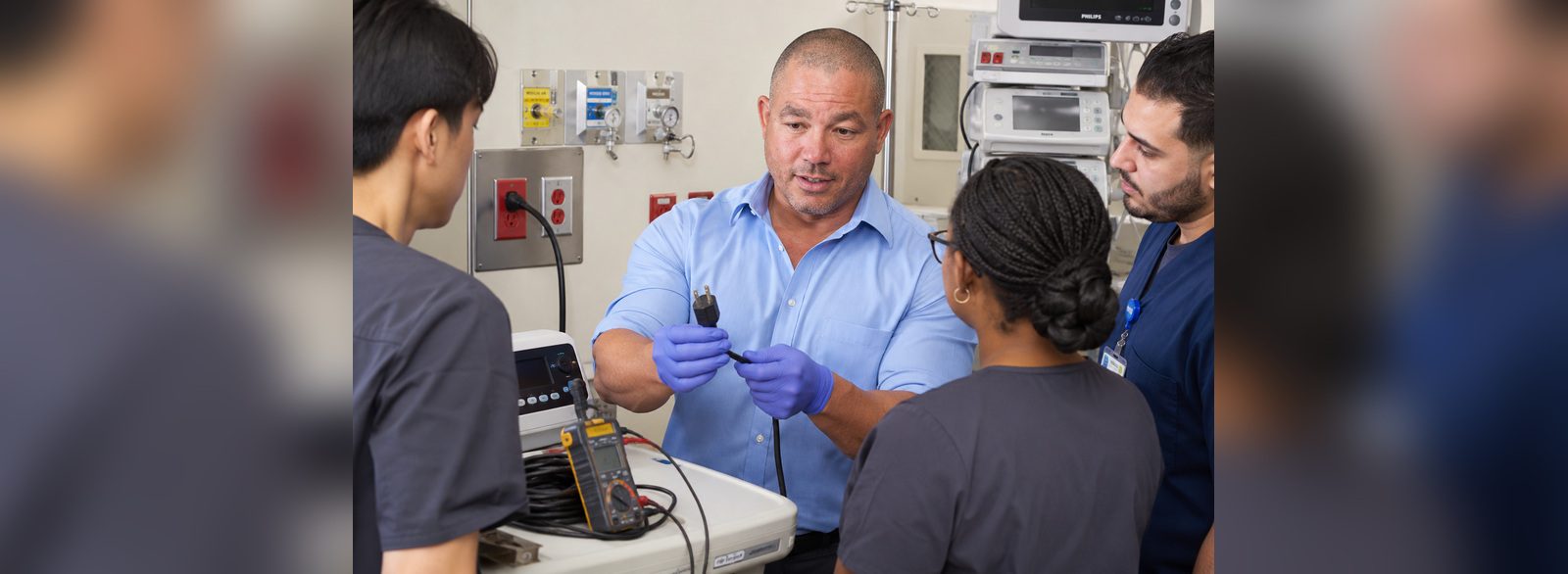Medical equipment power cord and plug integrity checked as part of isolated power safety testing