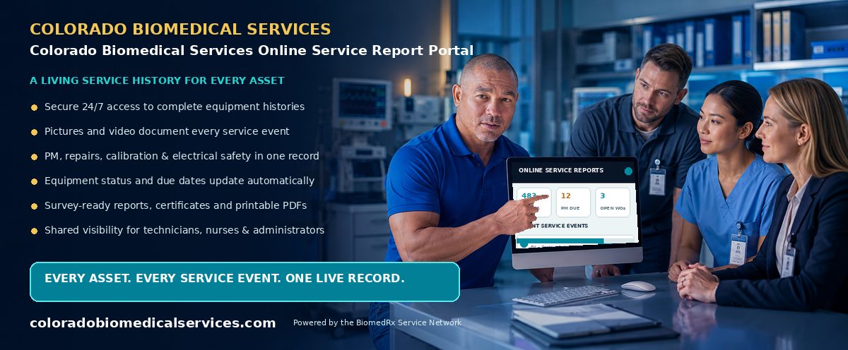 Colorado Biomedical Services Online Service Report Portal — every service event, live in your secure online report portal; view a sample report